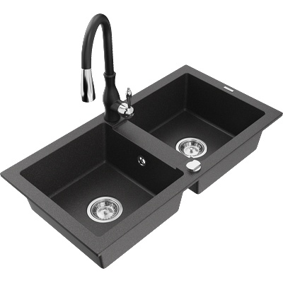 Mexen Mario двоен гранитен мивка с кухненски смесител Savita, черен на пръски - 6504-76-672601-70 (6504-76-672601-70)