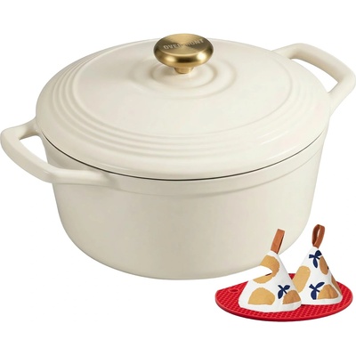 Overmont roasting pan enamel cast iron pot - casserole dish 26cm oven-safe - with lid and cookbook - for kitchen baking stewing roasting white - Dutch