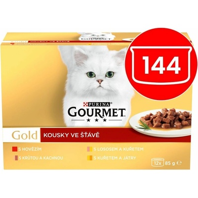 Gourmet Gold hovädzie / morka a kačica / losos a kura / kura a pečeň v šťave 144 x 85 g