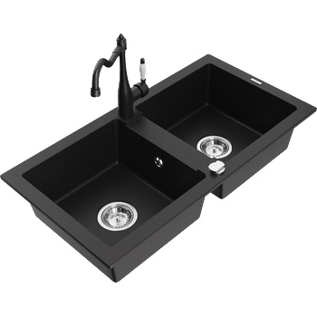 Mexen Mario гранитна мивка с 2 отделения и кухненски смесител Carla, черен - 6504-77-670700-70 (6504-77-670700-70)