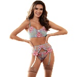 Sexy Elephant® Blue Sexy Mesh Embossed Floral Bra Set with Garter Belt, XS-S