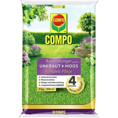 COMPO lawn fertilizer against weeds and moss complete care lawn fertilizer with weed killer, moss killer, 3 months long-term effect 9 kg, for 300m2 - 26173