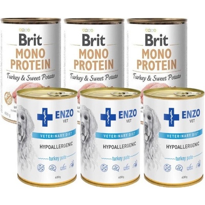 Brit Mono Protein Turkey & Sweet Potato 3 x 400 g & Enzo Vet Hypoalergénne hypoalergénne krmivo s morkou pre psov 3 x 400 g