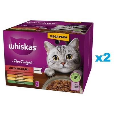 WHISKAS Adult Pure Delight Juicy Bites v želé 48x kúsky s hovädzím, kuracím, jahňacím, hydinovým mäsom pre dospelé mačky 85 g