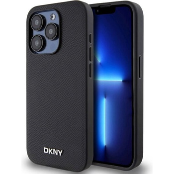 DKNY Silver Metal Logo MagSafe Leather Hard Case - дизайнерски кожен кейс с MagSafe за iPhone 15 Pro (черен)