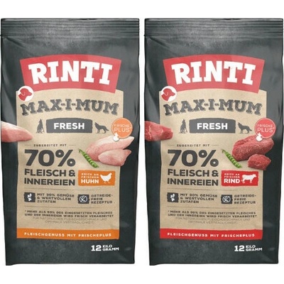 Rinti MAX-I-MUM Beef s hovädzím mäsom 12 kg a Kuracie s kuracím mäsom 12 kg