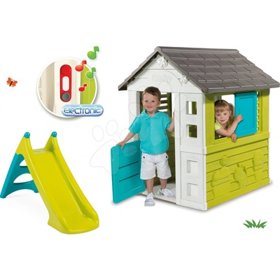 Smoby set domeček Pretty Blue se zasouvací okenicí skluzavka Toboggan XS a dárek elektronický zvonek 310068-2