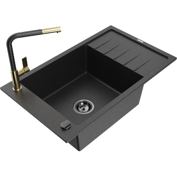 Mexen Elias гранитна мивка с 1 гнездо, дренаж и кухненски смесител Flora, черен/сребърен металик - 6511-73-670401-57-B (6511-73-670401-57-B)