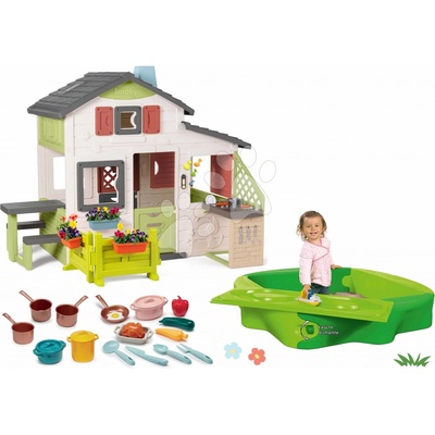 Smoby Set domček Priateľov s predzáhradkou a pieskovisko s vodnou dráhou Friends House Life a letná kuchynka s riadom a doplnkami