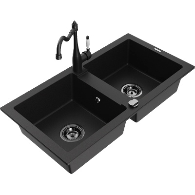 Mexen Mario двоен гранитен мивка с кухненски смесител Carla, черен - 6504-77-670700-70-B (6504-77-670700-70-B)