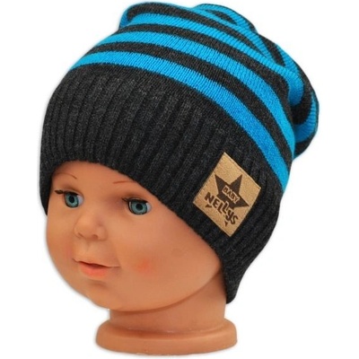 Baby Nellys Jesenná zimní prúžkovaná čiapka grafit tyrkys