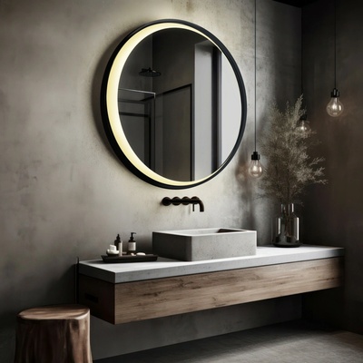 Alfaram Okrúhle zrkadlo v čiernom MDF ráme s pieskovaným mesiacom LED – MIDNIGHT LED 83
