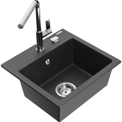 Mexen Milo гранитна мивка с 1 отделение с кухненски смесител Flora, черен на пръски - 6505-76-670401-00 (6505-76-670401-00)
