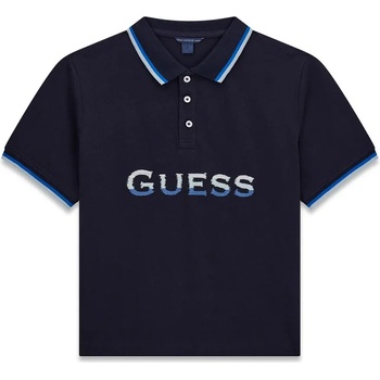 GUESS Oversize тъмносиня тениска с яка за момче с трицветен надпис Guess