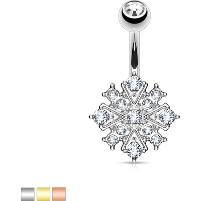 Šperky eshop piercing do bříška z oceli sněhová vločka s čirými kulatými zirkony O04.07 Měděná