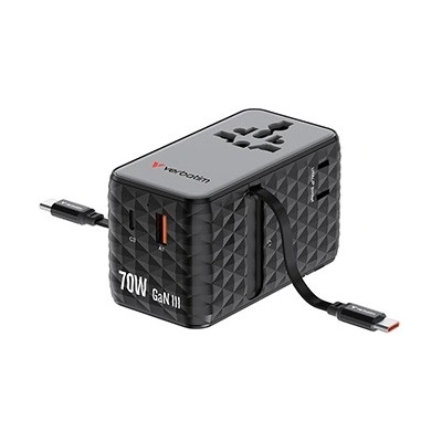 Verbatim Verbatim, Cestovní adaptér univerzální Charge , n, Travel 1x USB-C, 1X USB-A + 2x integrovaný kabel USB-C, černá, 70 W (30186)