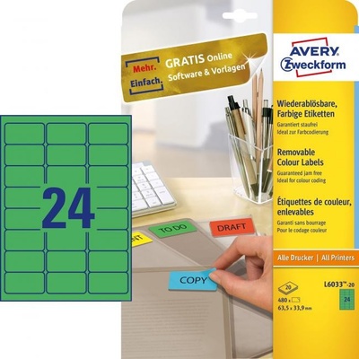 Etikety Avery odnímateľné 63,5x33,9 mm, zelené