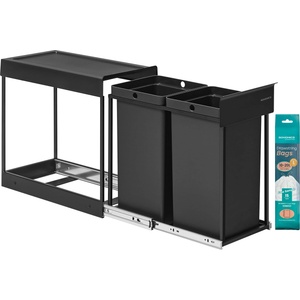 SONGMICS kitchen trash can, trash separation system for base cabinet, 2 x 15 L, trash can with 2 compartments, extendable, steel frame, ABS lid, ink black LTB950B01 (LTB950B01)