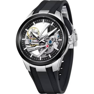 Pagani Design Мъжки часовник Pagani Design Xeric, Механичен, Силиконова каишка, Скелетон, Черен / Сребрист (PD-YS030-BLACK-SILVER)