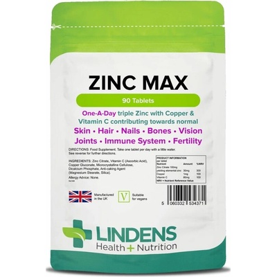 LINDENS Health + Nutrition Zinok Max +Meď & Vitamín C 90 tabliet