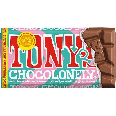 Tony's Chocolonely mléčná čokoláda s kousky karamelu, preclíků, mandlí, nugátu a soli 90 g