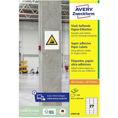 Avery-Zweckform L7874-20 Etikety lepící 63.5 x 29.6 mm papír bílá 540 ks trvalé silné inkoustová tiskárna laserová tiskárna barevná laserová tiskárna – Hledejceny.cz