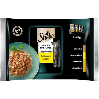 Sheba Delicacy Fine Flakes Poultry Flavours пакетчета 4x85g - пълноценна влажна храна за възрастни котки, в желе (парчета с: патица, пиле, домашни птици, пуйка)