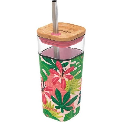 Quokka Liquid Cube pohár so slamkou pink jungle flora 540 ml