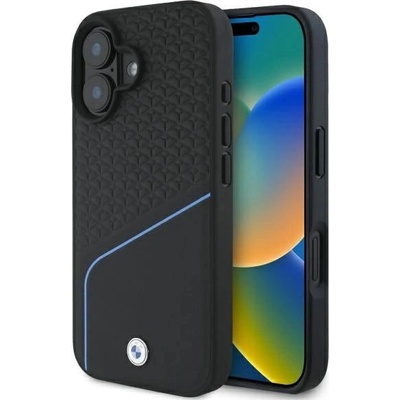 BMW Калъф MagSafe за iPhone 16 с кожена текстура и линия с знак BMW - черен (3666339323288)