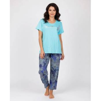 Памучна макси пижама в синьо с надпис и апликация