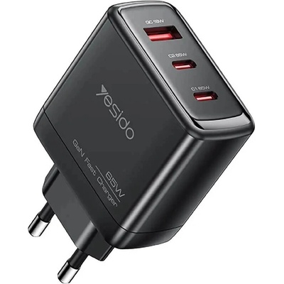 YESIDO Захранване за ел. мрежа за лаптопи, смартфони и таблети с USB-A и 2xUSB-C изходи с технология за бързо зареждане - Yesido YC144C GaN Fast Wall Charger 65W (черен) (YC144C (KF2354333))