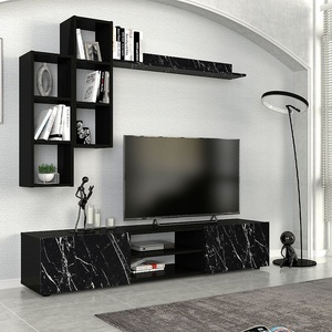 TopMebel ТВ шкаф Duana TopMebel от меламин с ефект на черен мрамор - черен цвят 180x38x35, 7cm