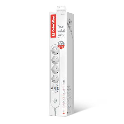 Predlžovací kábel ColorWay 4 zásuvky / 4 USB (2× USB-C PD 20W + 2× USB-A QC 3.0), 2m, biely (CW-CHE44PDW)