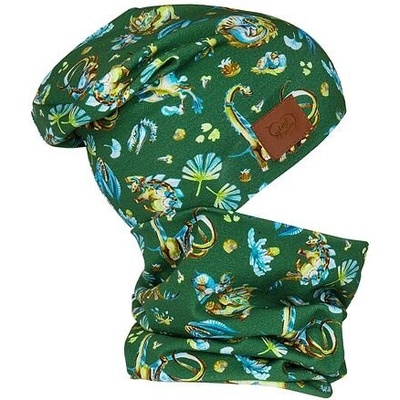 dětský set čepice a nákrčníku Šijeme srdcem Dinosauři zelený