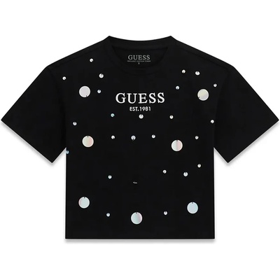 GUESS Свободна тениска за момиче в черен цвят с пайети и надпис Guess