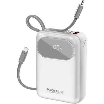 Promate Външна батерия ProMate POWERPOD-20. WHITE 20000mAh Power bank w/ built-in USB-C and Lightning Cable, 33W PD USB-C in/out port, 20W USB-A port, L - Бяла