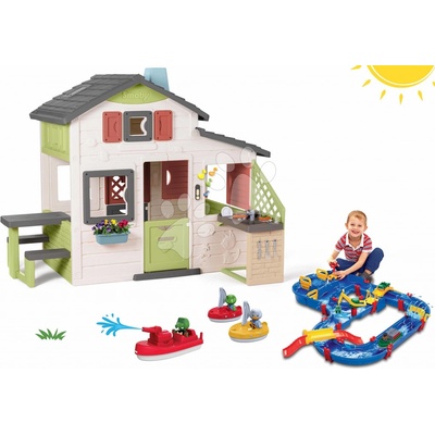 Smoby Set domček Priateľov a vodná dráha s priehradou Friends House Life s kuchynkou a elektronickým zvončekom s loďou a 2 plachetnicami