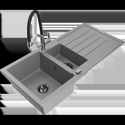 Andres гранитна мивка 1, 5-коморна с отцедник и кухненски смесител Duo, сив - 6515-71-671701-07-B (6515-71-671701-07-B)