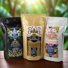 Kafista exkluzivní sada zrnkových káv Monzunová Robusta Brazílská Arabica & Seven Wonders Směs Fairtrade 3 x 0,5 kg