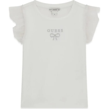 GUESS Бяла тениска за мини момиче с шифонени ръкави и малък надпис Guess