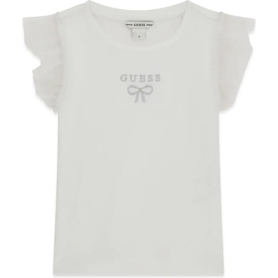 GUESS Бяла тениска за мини момиче с шифонени ръкави и малък надпис Guess