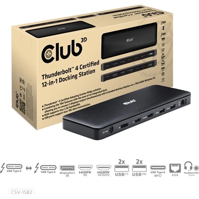 Club 3D Док за преносими компютри Club 3D - CSV-1582 (140W, Thunderbolt 4, DP, 2xHDMI, USB-C, 4xUSB-A, SD, TF, RJ45, 3, 5 жак, DC) (CSV-1582)