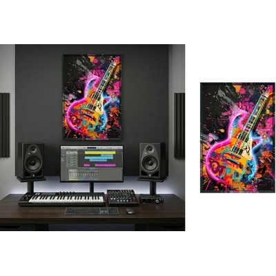 Pop art farebná gitara moderná dekorácia – LED svietiaci obraz na stenu – 63 × 93 cm