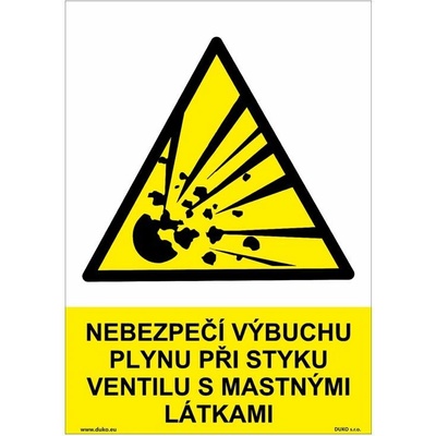 DUKO NEBEZPEČÍ VÝBUCHU PLYNU PŘI STYKU VENTILU S MASTNÝMI LÁTKAMI Formát: 210 x 297 mm, Materiál: plast 0,5 mm, samolepící vinylová fólie