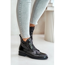 S.Barski Patent leather ankle boots with zipper insulated flat heel black čierna