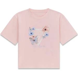 GUESS Розова тениска за момиче с бяло лого и цветя Guess