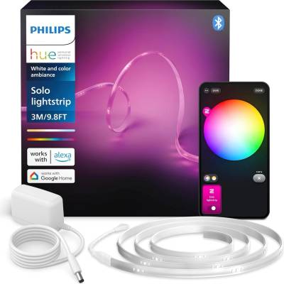 Philips Indoor 3m Smart LED Solo Lightstrip basic set, pack of 1, indirect lighting can be controlled with the Hue app, LED strip works with Alexa, Google Assistant and Apple HomeKit - 8720169326637