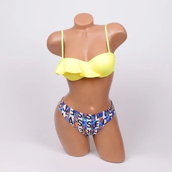 Image 1 of Свеж бански в жълто с раиран шарен десен