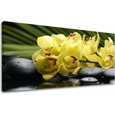 Obraz žltých orchideí na plátne s tmavozeleným listom – Feng Shui - 30x60 cm