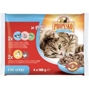 Partner in Pet Food Propesko паучове за котка, хапки месо, 2 бр със сьомга, скариди и морков и 2 бр с пилешко и говеждо - 4 х 100 гр - 72909